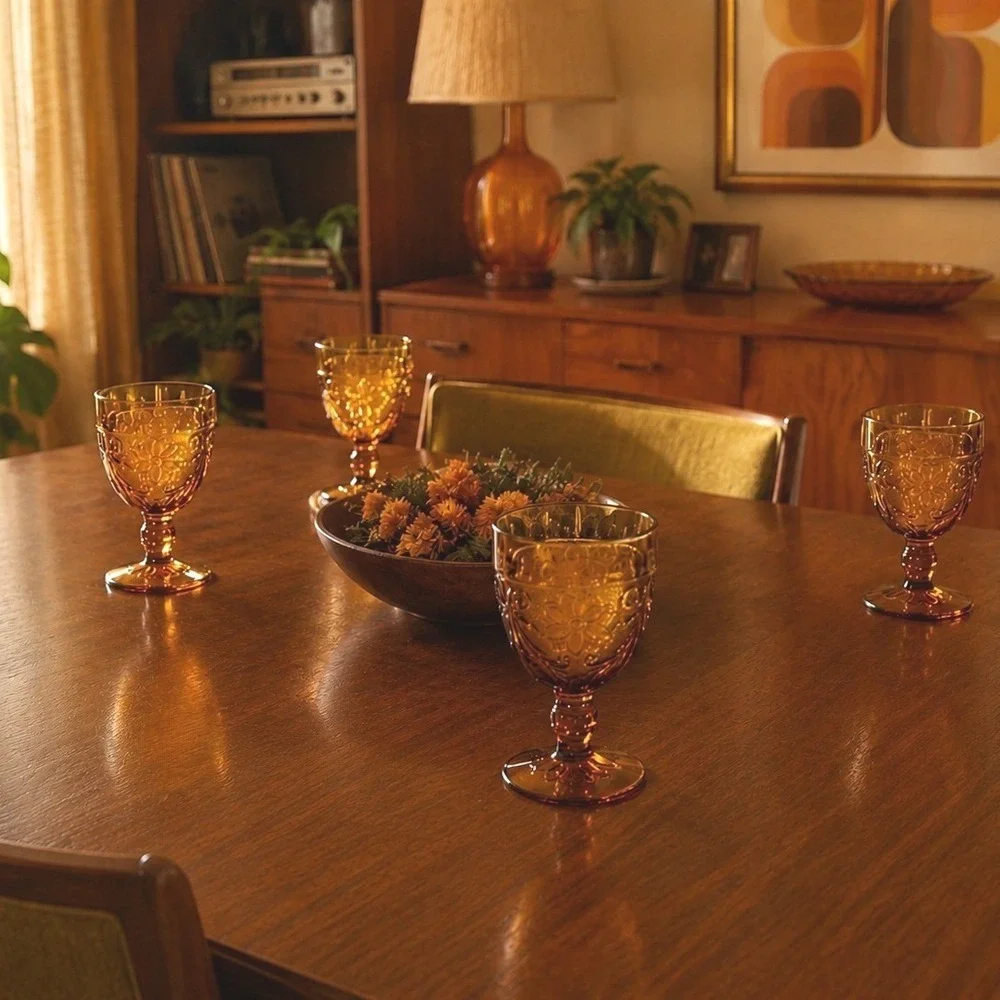 Indiana Glass‎ Tiara Sandwich Amber Water Goblets Set of 4 Floral Embossed MCM